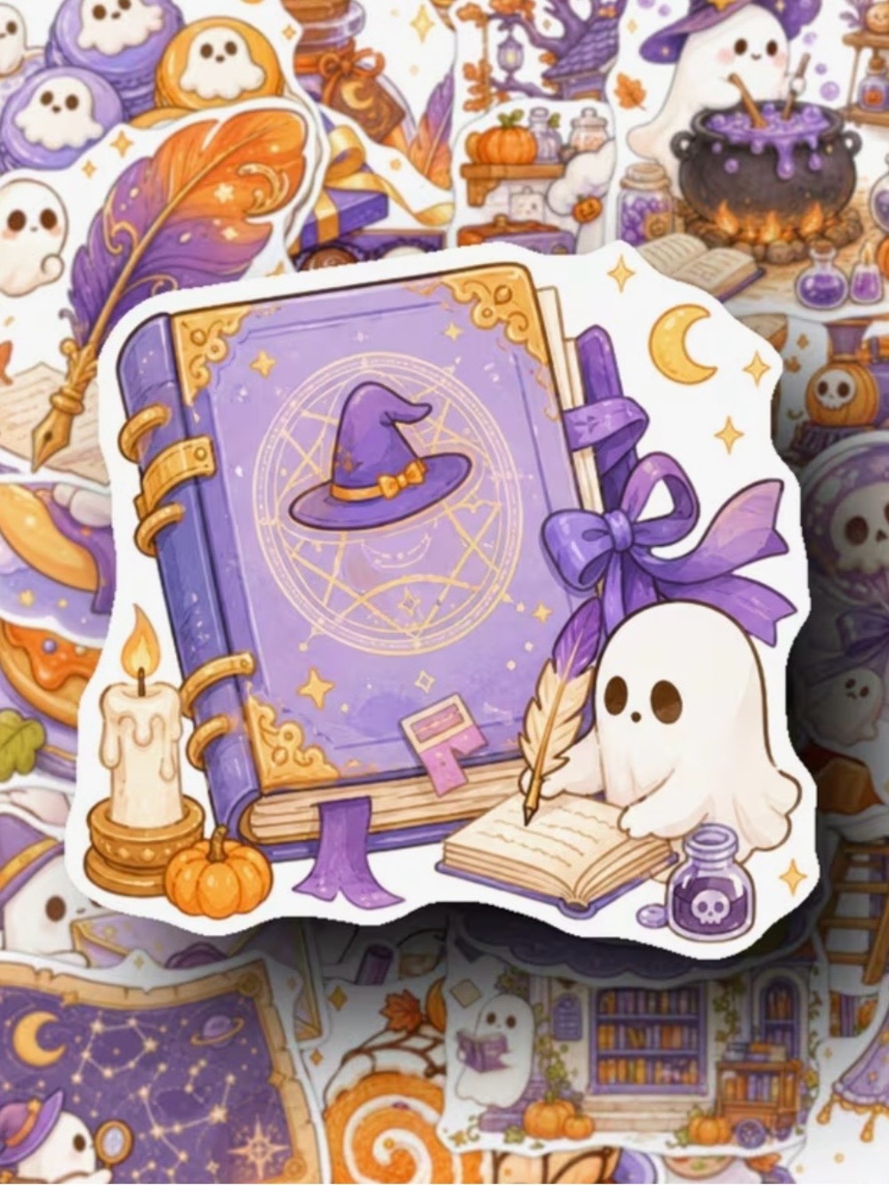 50 Halloween Cute Ghost Stickers Purple Orange Reading Baking Cleaning Desserts - Picture 9 of 16